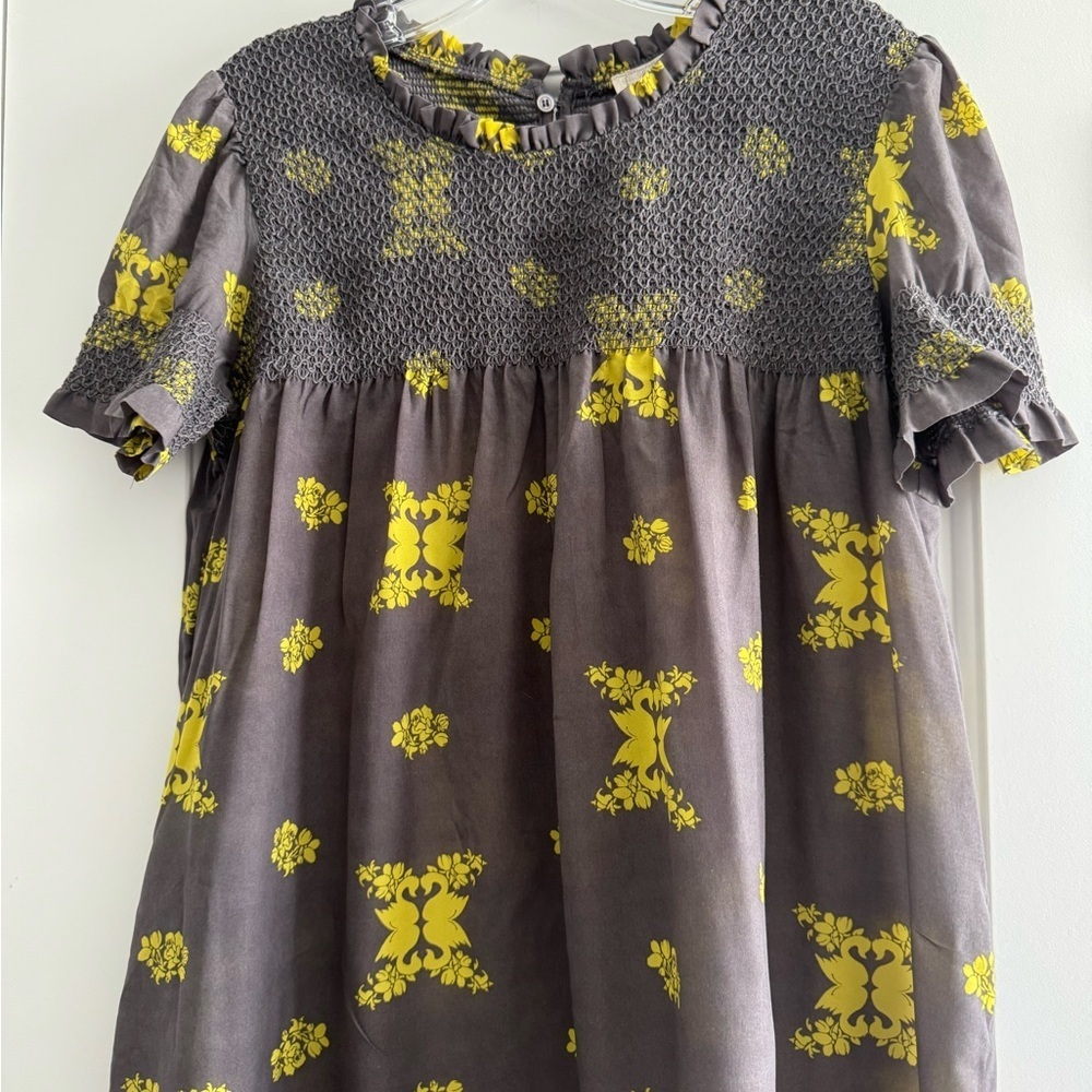 Freeway Gray and Yellow Floral Babydoll Dress short sleeves button back - Picture 2 of 8